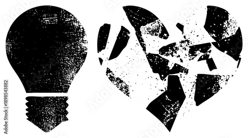 Shattered heart and intact lightbulb, emotional symbolism, creative insight, relationship end, idea generation, graphic, conceptual art.