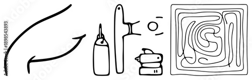 Stylized vector doodles featuring curved arrows, bottle like shapes, stacked blocks, and spiral maze, minimalist art, graphic design elements.