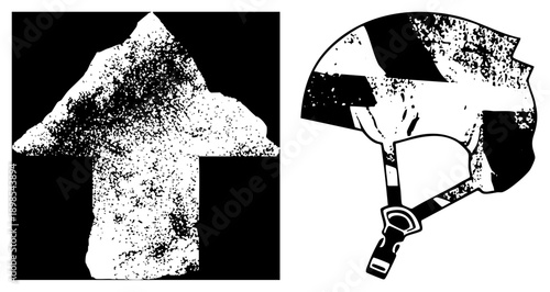 Stone arrowhead artifact and combat helmet with straps, halftone grain, historical relics, ancient tool, military gear, rugged design.