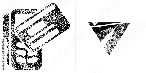 Stylized credit card with halftone texture, abstract triangle logo, vector graphic,, digital illustration, financial symbol, payment.