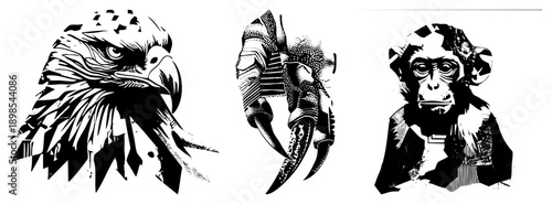 Graphic vector of eagle head, clawed hand, and monkey face in high contrast halftone style, isolated design elements, bold, stencil inspired textures.