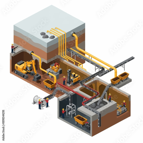 Isometric Underground Mining Operation with Excavators and Conveyor Belts.