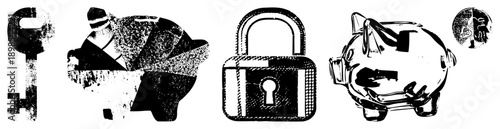 financial symbols including key, piggy bank, padlock, and coin, stylized for budgeting, savings, and security themes.