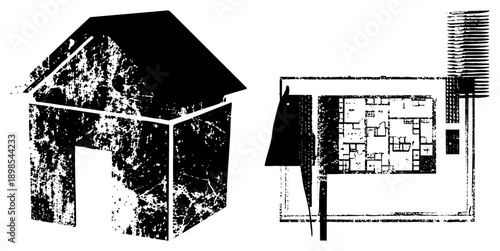 Stylized house silhouette with distressed texture, architectural floor plan inset, urban design concept, blueprint graphic, vector illustration.
