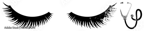 Graphic of stylized false eyelashes and stethoscope, beauty and healthcare fusion, cosmetic accessory and medical tool, black silhouette design.