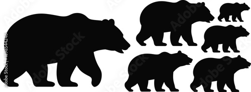 Bear silhouette illustration set, wild animal walking poses, forest mammal wildlife figures, black bear shapes, isolated vector design, graphic collection