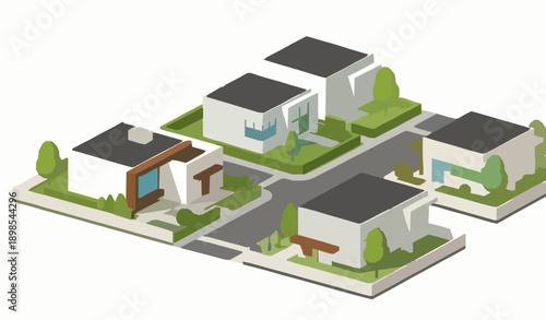 Real estate modern housing complex exterior 3D illustration on white