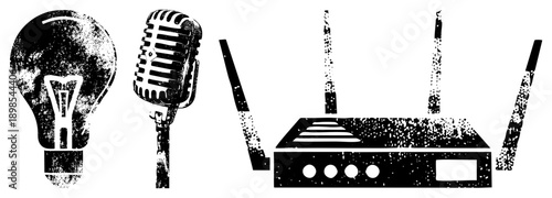 Retro microphone, glowing lightbulb, Wi Fi router with antennas, halftone texture, graphic, tech and creativity symbols.