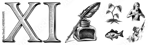 Roman numeral XI, quill pen in inkwell, sprouting plant, fish silhouette, woman gesturing, climber on rock classic engraved vector illustrations.