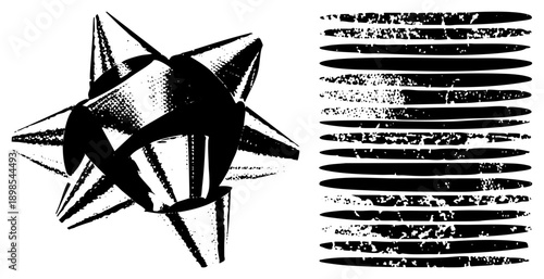 Graphic starburst with sharp points and halftone shading, paired with distressed stripes, vector art, isolated design element.