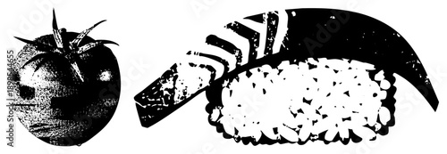 Black and white halftone tomato with stem and sushi roll with rice and nori, vector graphic, food illustration, isolated elements, culinary art.