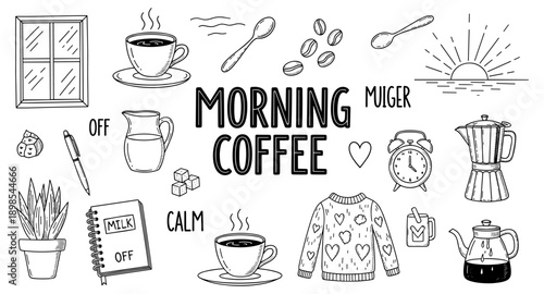 Morning coffee and cozy elements doodle art with sun rising and alarm clock