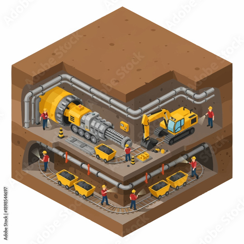 Isometric underground tunnel construction with workers and machinery.