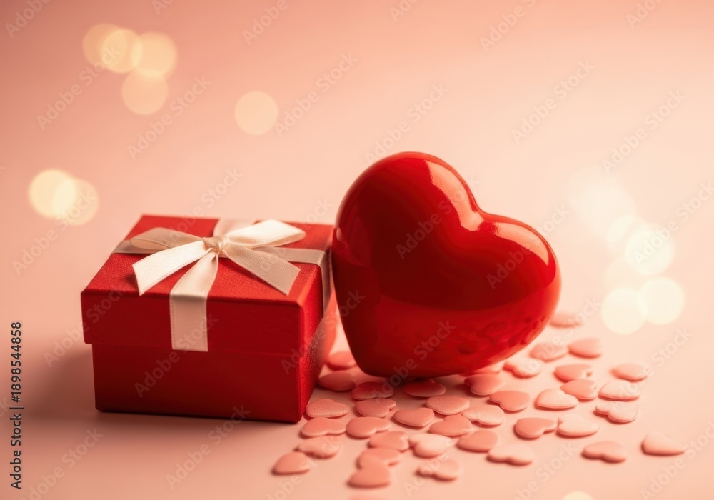 Fototapeta premium Red gift box with white ribbon and heart on pink background with bokeh lights and heart confetti