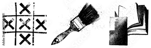 Tic tac toe grid with X’s victory, artist brush with bristles, open book with pages, halftone vector art, creative tools, educational, artistic symbols.