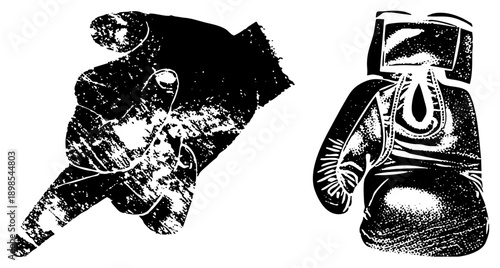 Retro boxing gloves with lacing and a dynamic punching fist, both rendered in distressed black and white, ideal for sports or street art themes.