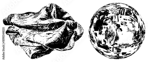 Black and white halftone vector illustration of wrinkled textile and mirrored sphere, graphic design elements, abstract textures, isolated foreground, stylized print art.