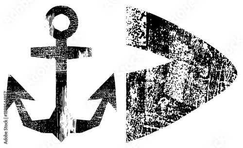 Weathered anchor and ship hull graphic, maritime symbols, nautical, distressed vector art, sea voyage motifs.