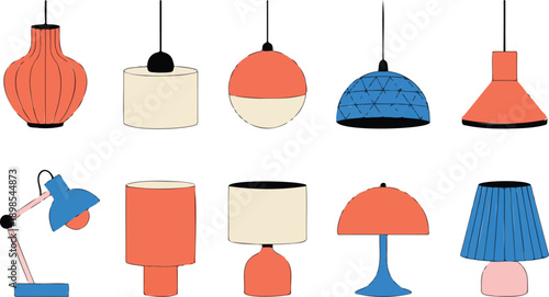 A flat, minimalist illustration of eight pendant and table lamps arranged in two rows against a white background.