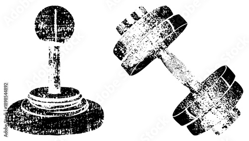 Retro gaming controller and weightlifting dumbbell, pixelated halftone style, vector graphic, fitness and gaming symbols, isolated.