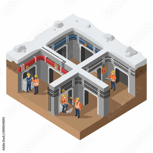 Isometric underground utility tunnel with workers performing maintenance.