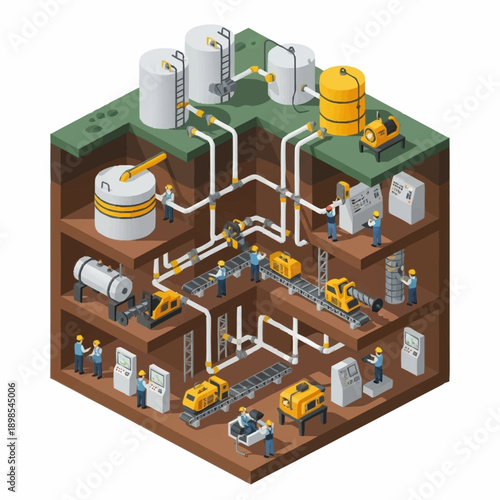 Isometric view of a complex industrial factory with multiple levels and interconnected processes.