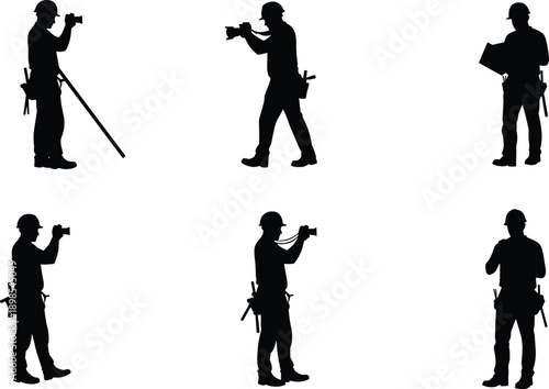 Construction workers and surveyors using instruments, GPS, and documentation tools, site inspection and mapping process, cad drawing flat vector illustration