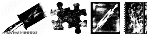 Classic writing instrument, jigsaw puzzle fragment, baking tool, bound notebook all rendered in halftone texture, isolated vector for design use.