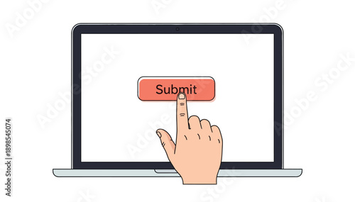 Hand interacting with laptop screen to click submit button in a simple graphic illustration on a white background