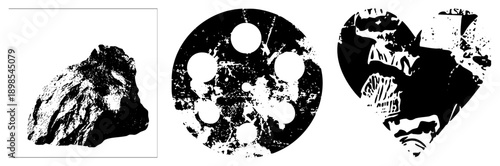 Vectorized rock formation, film reel with circular holes, heart shaped silhouette with fragmented text, all in high contrast. Ideal for graphic design, typography, or stencil art.