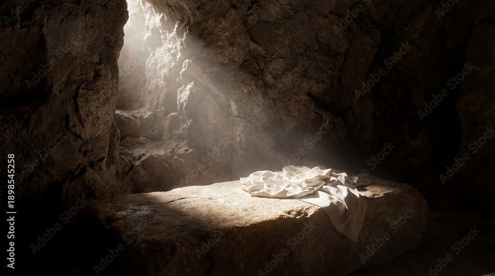 Fototapeta premium empty stone tomb with folded linen cloth on rock slab. light beams shining from entrance. jesus christ resurrection concept. easter holiday background. church banner, website header.
