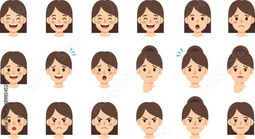 Woman Facial Expression Illustration Set Showing Various Emotions and Reactions for User Interface Avatars, Characters, Communication, and Emotional Design Concepts