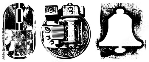 Retro styled mechanical bell, computer mouse, and gear assembly, halftone texture, vector graphic, isolated elements, technical illustration.