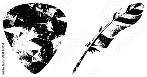Music pick and writing quill pen, artistic tools, musician and scribe symbols, graphic, textured vintage style, creative.
