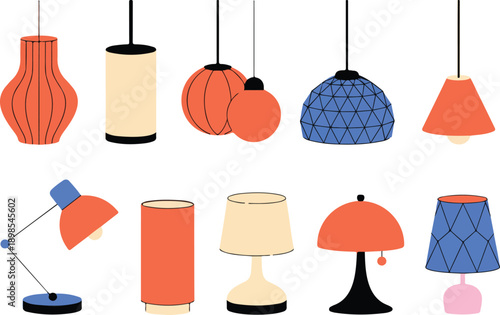 A flat, minimalist illustration of eight pendant and table lamps arranged in two rows against a white background.