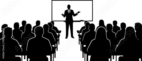 Isolated black vector silhouette of teacher giving presentation to seated audience in classroom with whiteboard, education and business seminar illustration. 