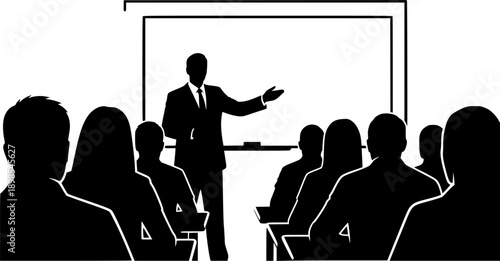 Isolated black vector silhouette of teacher giving presentation to seated audience in classroom with whiteboard, education and business seminar illustration. 