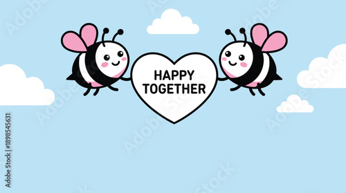 Two Adorable Cartoon Bees Holding a Heart with Happy Together Text in a Blue Sky with Clouds.