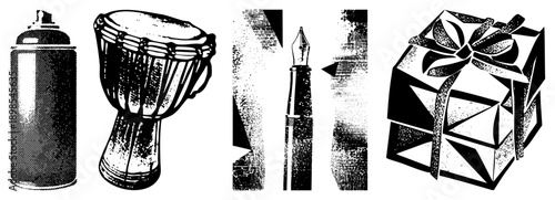 Black and white halftone vector spray can, djembe drum, fountain pen, gift box. Graphic design elements, isolated symbols, stylized objects, illustration.