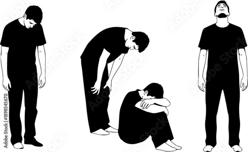 Vector collection of black silhouettes featuring men standing and bending in sad, tired, and depressed poses isolated on white background.
