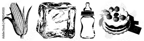 Four isolated vector corn cob with husk, textured ice cube, baby bottle, and berry tart with halftone shading. Flat design,, graphic elements.