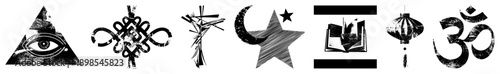 Religious and cultural all seeing eye, Chinese knot, Om symbol, moon star, open book, lantern vector designs with distressed texture.