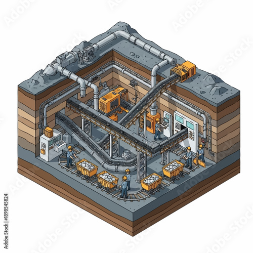 Isometric view of an underground mining operation with workers and machinery.