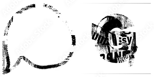 Stylized circular shapes rendered in halftone dot, abstract graphic elements, vector art with gritty texture, isolated design motifs, modern minimalist composition.