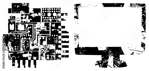 Digital electronics components and computer monitor, distressed vector art, tech hardware symbols, glitchy digital aesthetic, black and white graphic design.