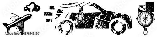 Travel themed vector including airplane, car, and compass, rendered in distressed halftone style, ideal for navigation and journey concepts.