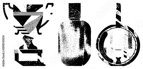 Retro coffee filter, French press, and bottle rendered in halftone dot, stylized vector graphics for design, print, or digital use.