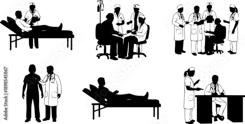 Set of black silhouettes depicting medical team, doctors and nurses examining patients in clinic, vector illustration isolated on white background.
