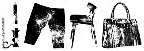 Stylized black and white illustrations of a candlestick, pants, chair, and handbag, rendered in halftone dot, isolated vector art for design use.