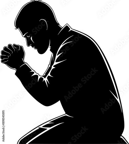 Silhouette of man praying on knees, religious faith concept, asking God for help, spiritual worship vector isolated.
